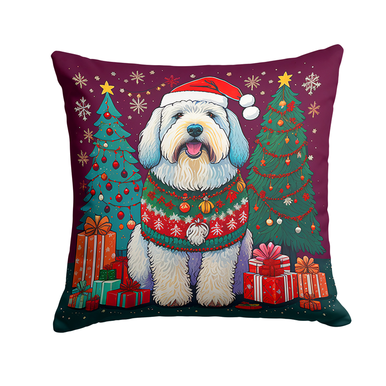 Maroon square foam coaster with front-facing toy poodle, holiday trees and presents