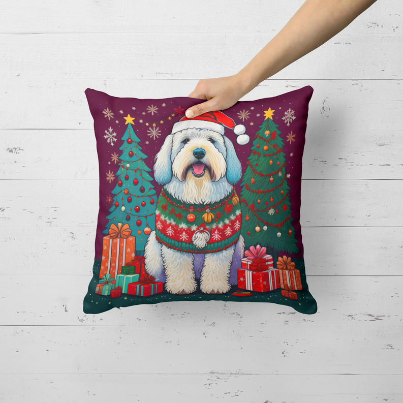 Maroon square foam coaster with toy poodle in holiday sweater and gifts