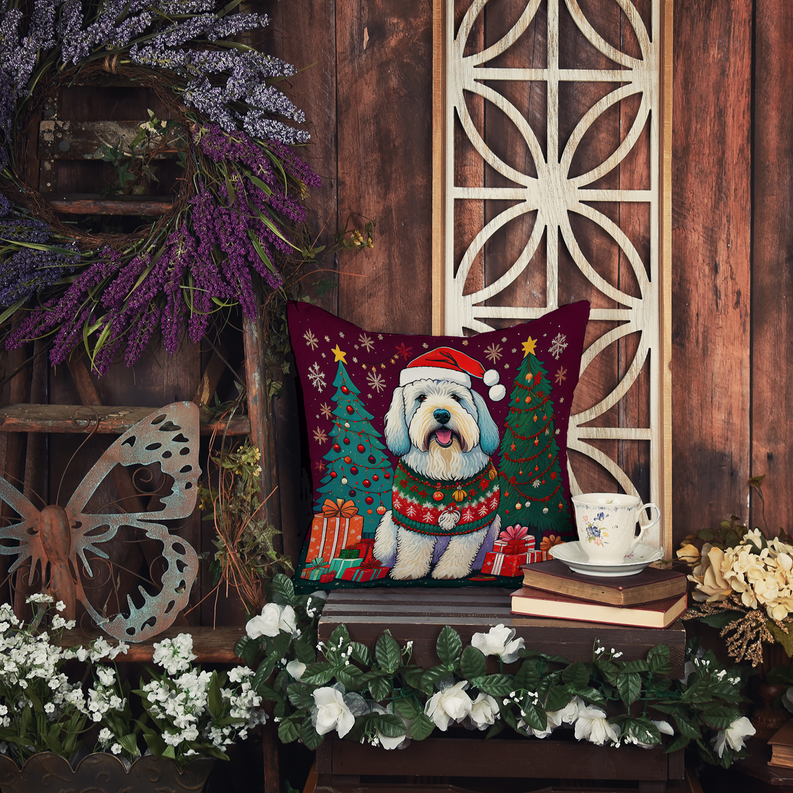 Toy poodle Christmas foam coaster on a wooden table with tea cup and decor
