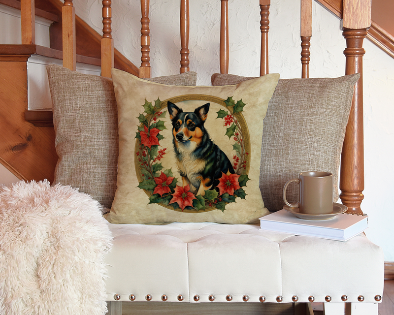 Beige dog portrait pillow with poinsettia flowers on a tufted bench