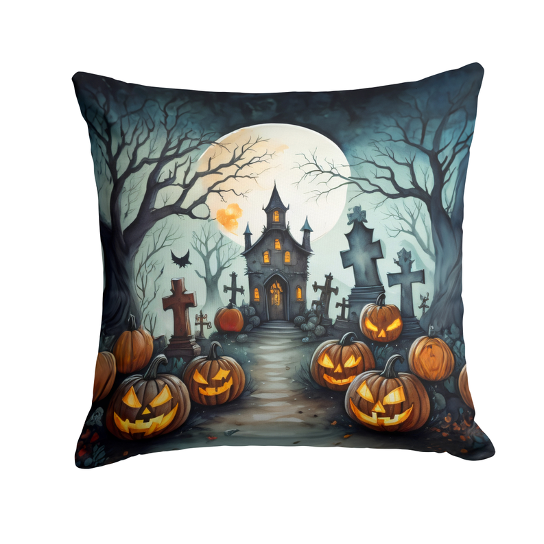 Spooky Halloween throw pillow with pumpkins, bats, haunted house, and cemetery trees
