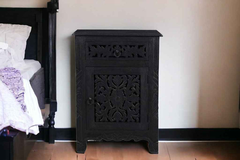 30" Black Solid Wood Distressed One Drawer Nightstand