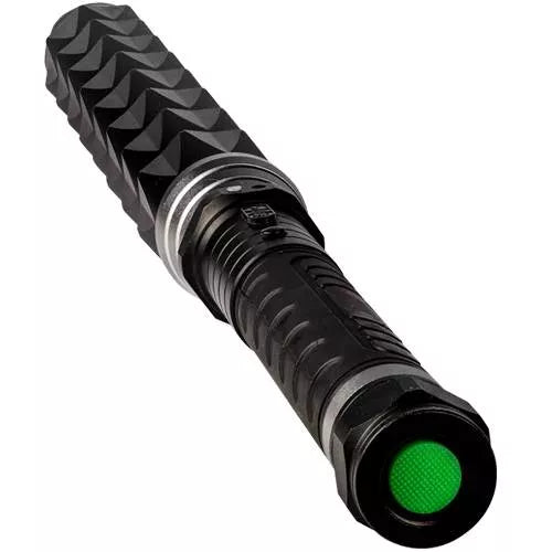 Black stun gun flashlight with textured handle and green front indicator light