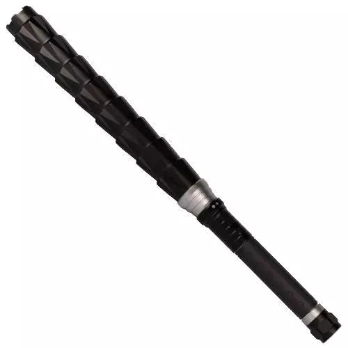 Black stun gun flashlight with textured grip and silver ring detail