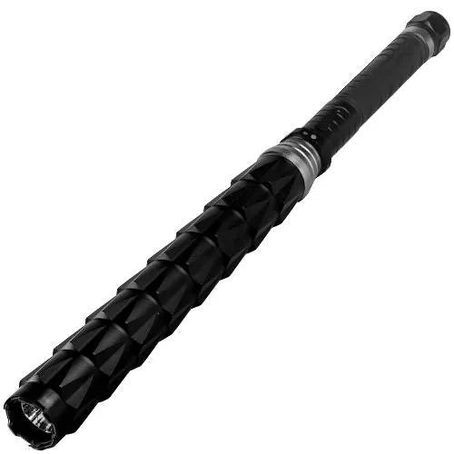 Black stun gun flashlight with patterned barrel and front cap