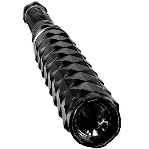 Black stun gun flashlight with circular lens at end and silver collar