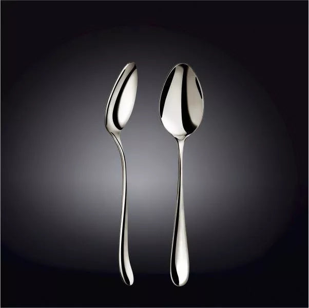 Pair of stainless steel dinner spoons with glossy oval bowls