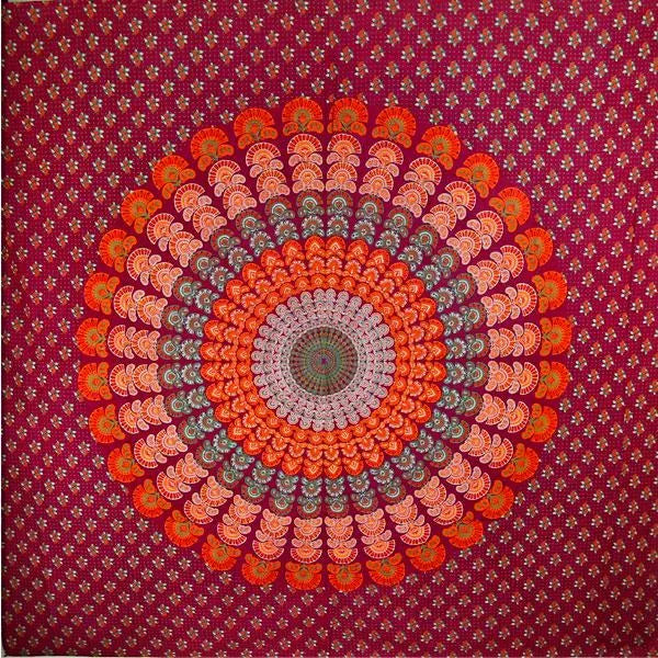Maroon mandala tapestry with detailed scalloped ring border around central medallion