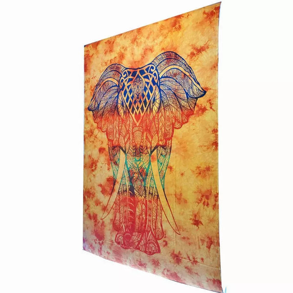 Orange tie-dye tapestry wall hanging with blue elephant mandala design