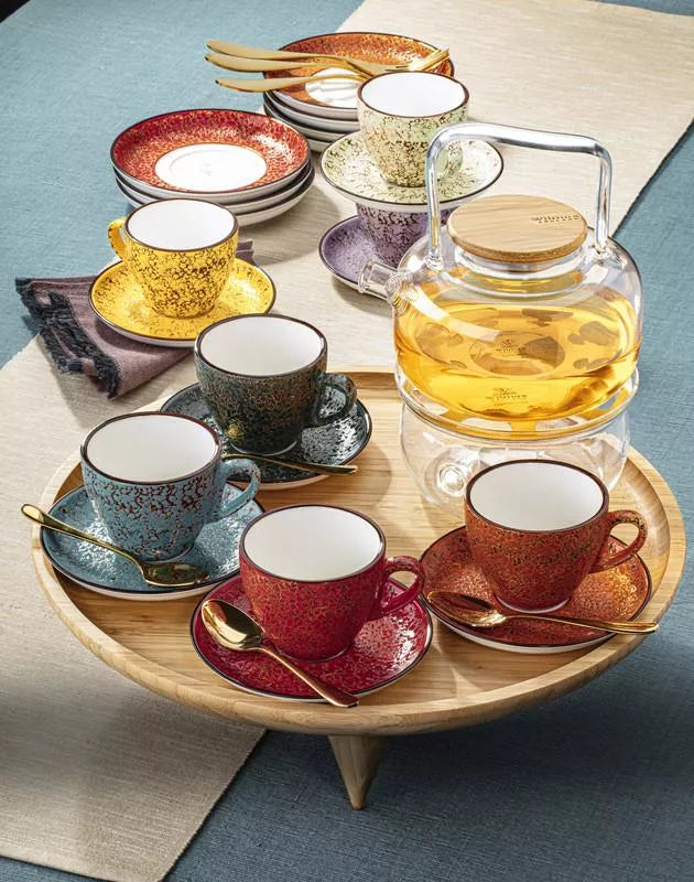 Set of 6 ceramic espresso cups, assorted glazed colors on wooden serving tray
