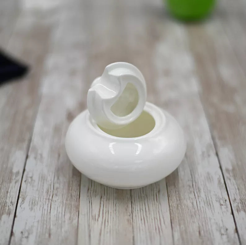 White ceramic sugar bowl with lid and pouring opening, side view