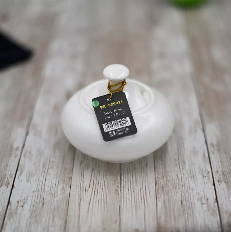 White ceramic sugar bowl with lid knob, product tag attached
