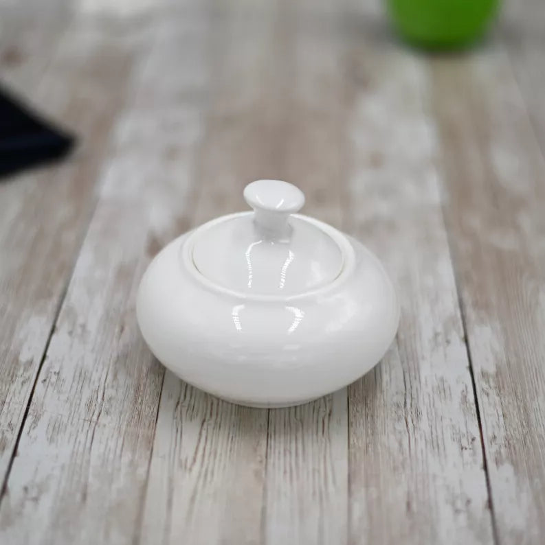 White ceramic sugar bowl with lid knob and round base