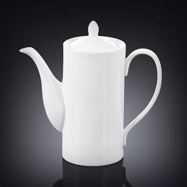 White coffee pot with tall lid knob, curved spout, and elegant side handle