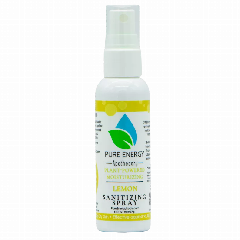 Travel-size sanitizing spray bottle with yellow lemon label and white mist spray top.