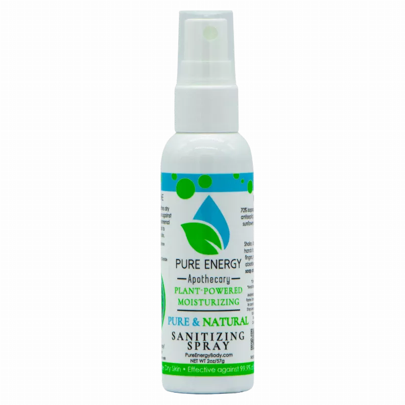 Travel-size sanitizing spray bottle with blue label and white mist spray top.