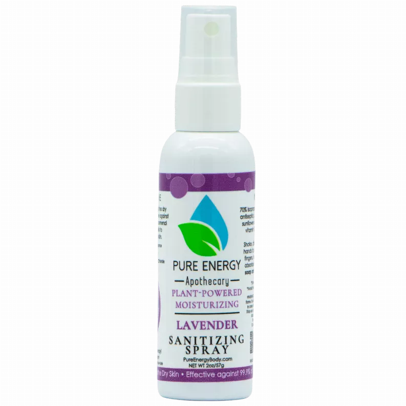 Travel-size sanitizing spray bottle with purple lavender label and white mist spray top.