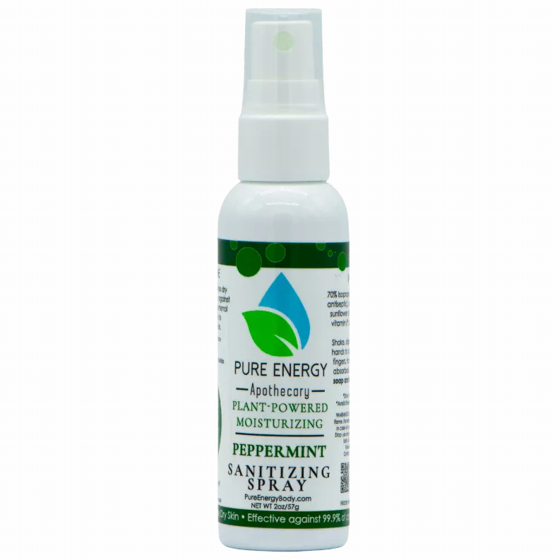Travel-size sanitizing spray bottle with green label and white pump top.