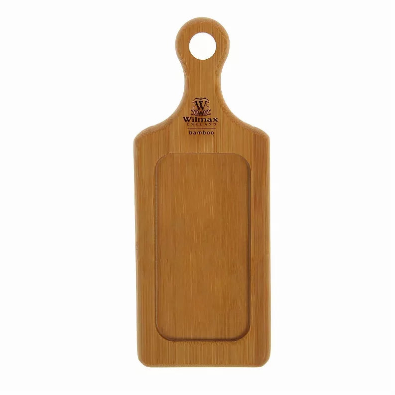Wooden serving tray board with handle loop and rounded rectangle serving surface