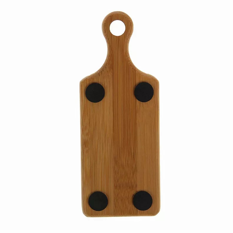 Wooden serving board with round finger holes, handle loop, and rectangular surface