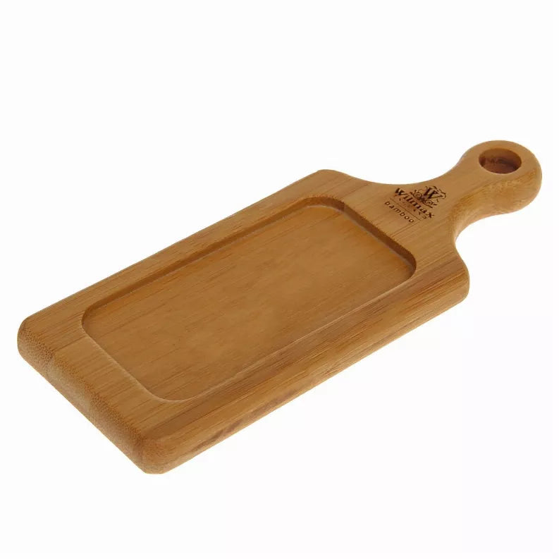 Wooden serving tray with handle loop and oval-shaped recessed serving area