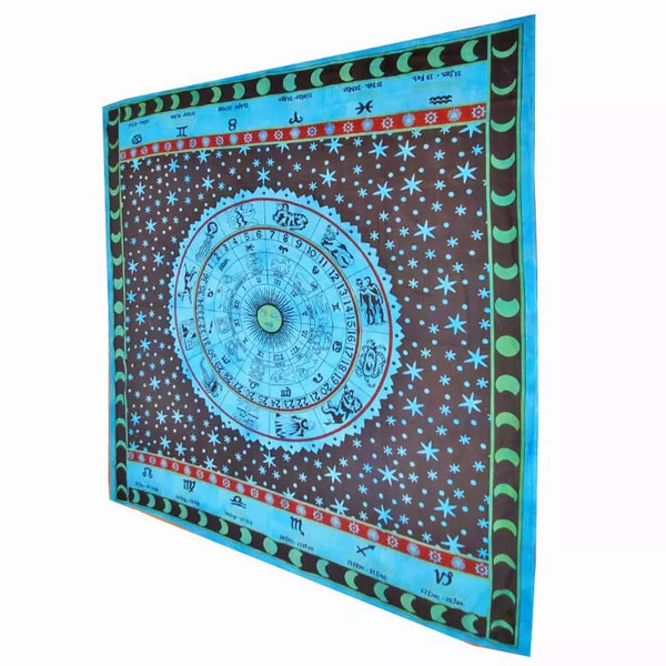 Turquoise zodiac horoscope wall tapestry with circular astrological wheel and starry symbols