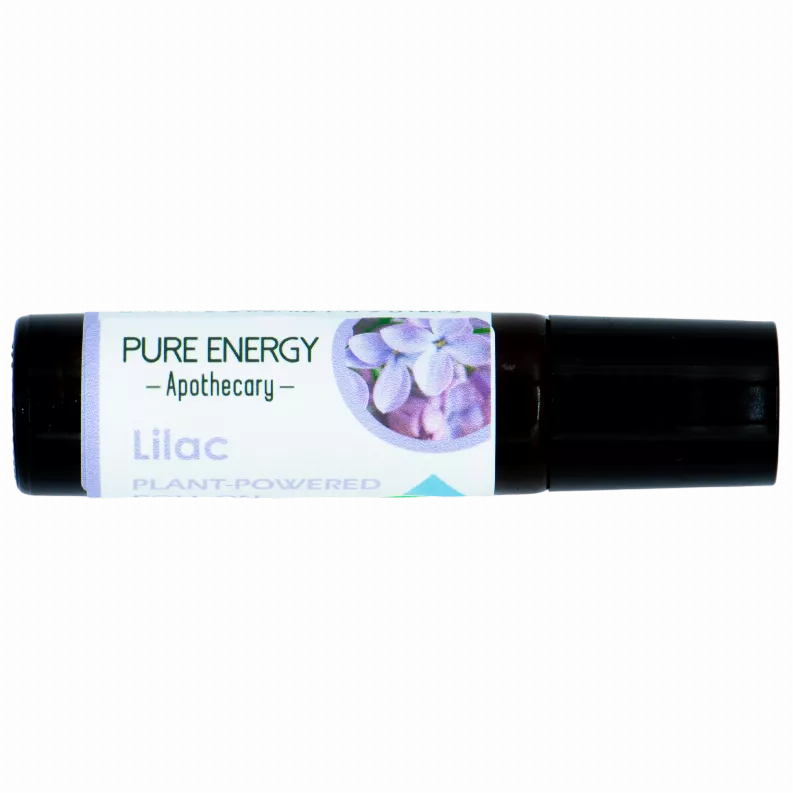 Lilac aromatherapy roll-on bottle with black cap, white label, purple flower graphic