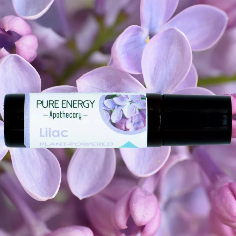 Lilac aromatherapy roll-on bottle with black cap and white label, purple flower graphic