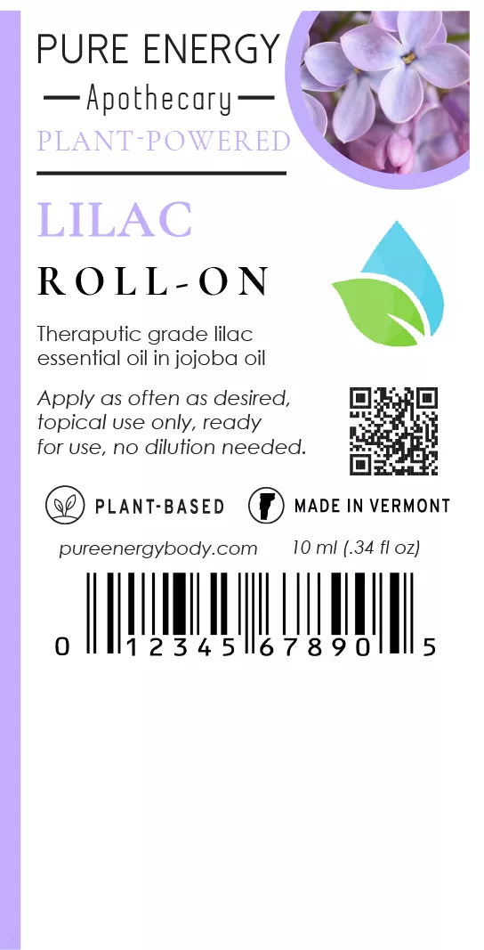 Lilac aromatherapy roll-on back label with 10 ml (.34 fl oz) size marking