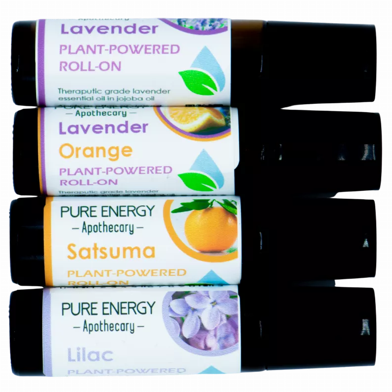 Set of aromatherapy roll-on bottles with black caps, including Lilac variant