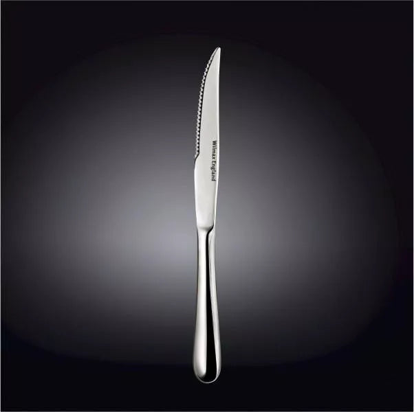 Single stainless steel steak knife with serrated edge and polished handle.