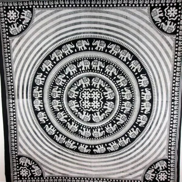 Black and white mandala elephant tapestry with circular border and striped pattern