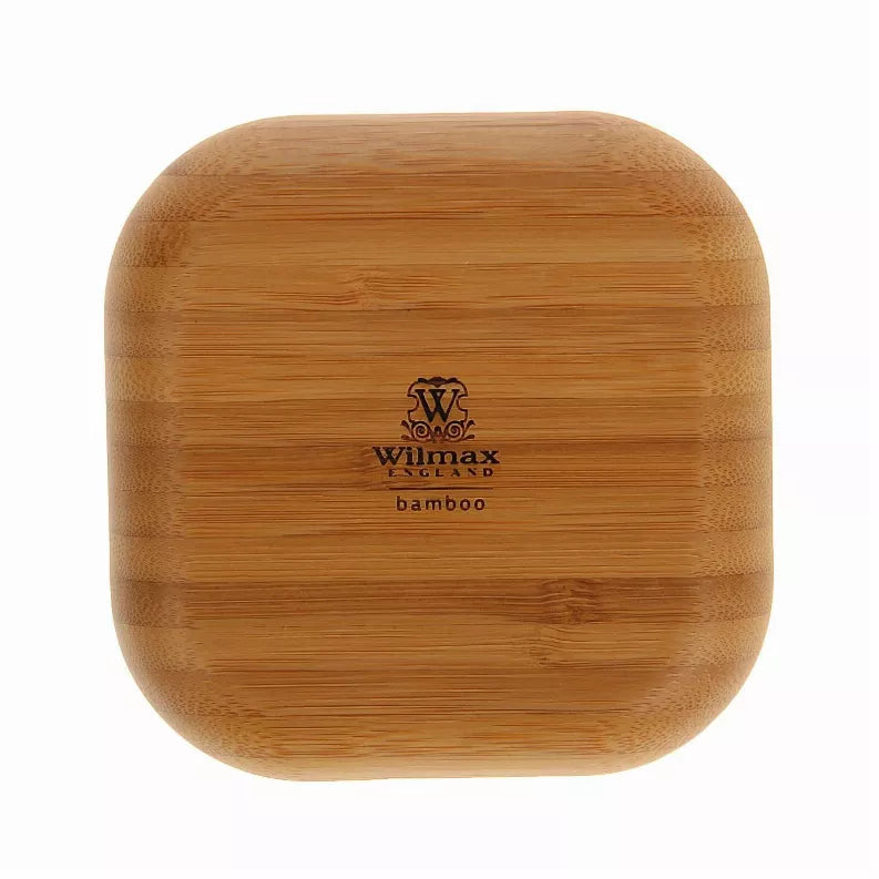 Wood square bamboo plate with Wilmax England bamboo logo, 4 x 4 in