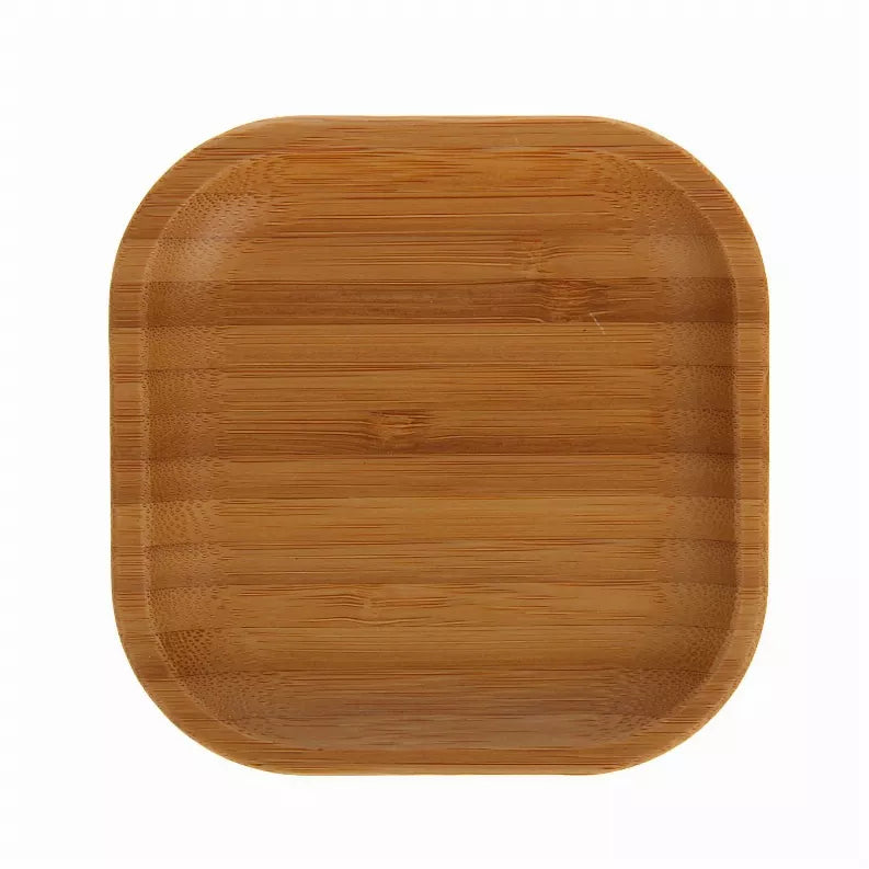 Wood square bamboo plate, 4 x 4 in, top view with smooth grain