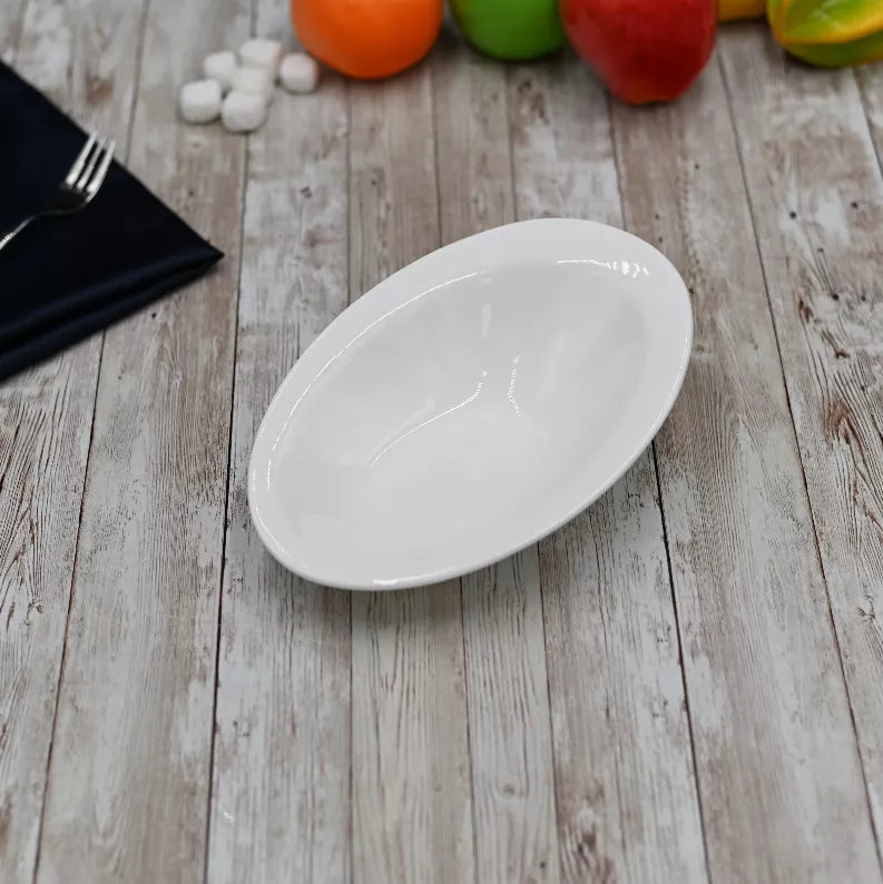 White oval ceramic bowl, 8.5 x 6 in, glossy finish