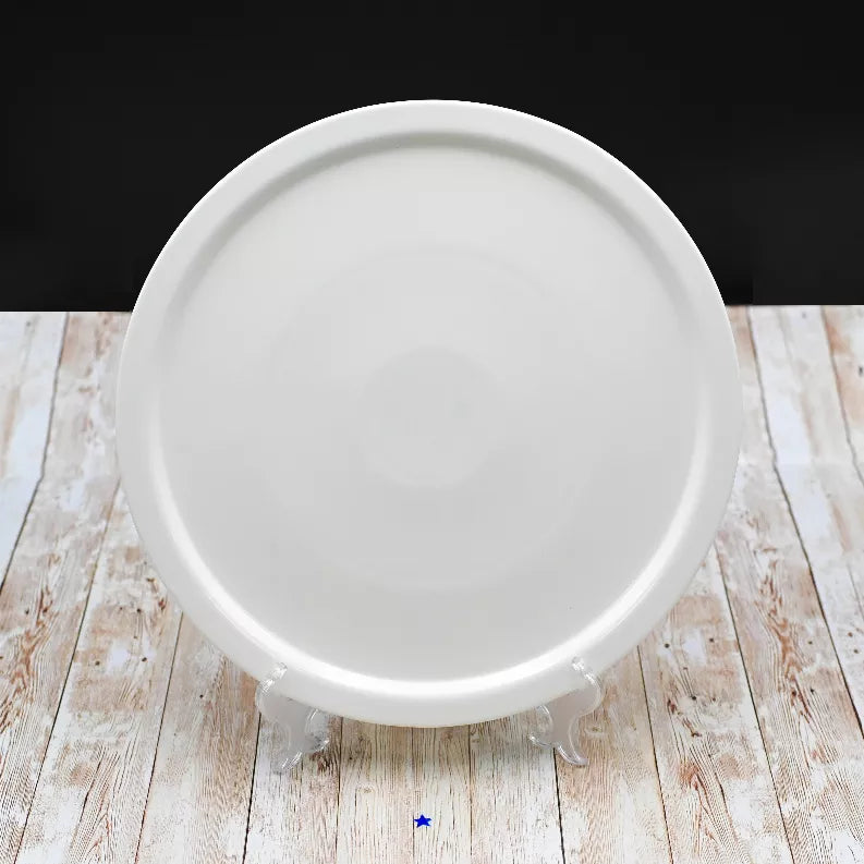 Round white 14 in pizza plate with raised rim, set of 3