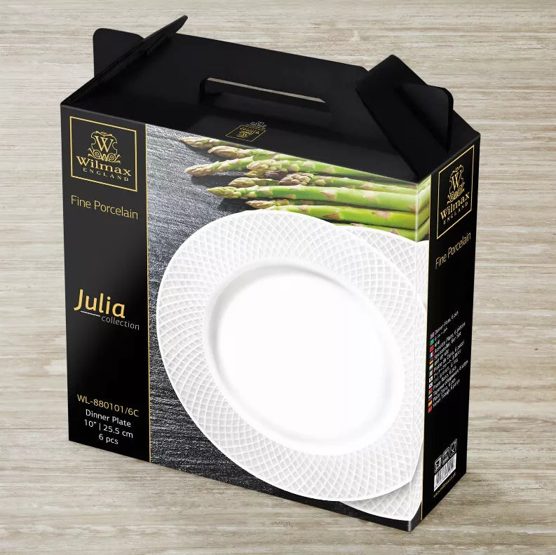 White embossed dinner plate set in gift box with asparagus pictured on the package