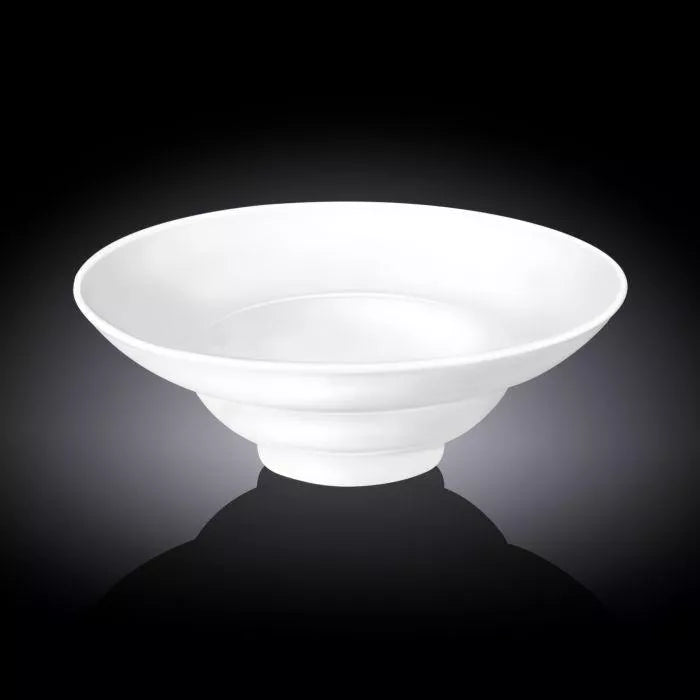White deep bowl plate on stand, glossy interior and wide rim