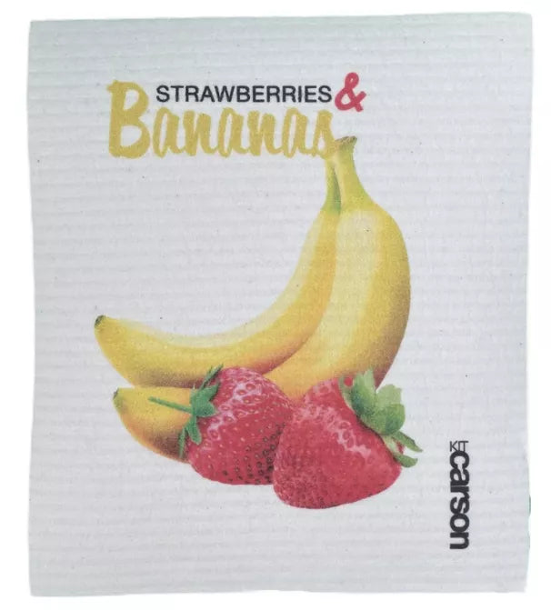 Swedish dishcloth with banana and strawberries graphic, white textured fabric