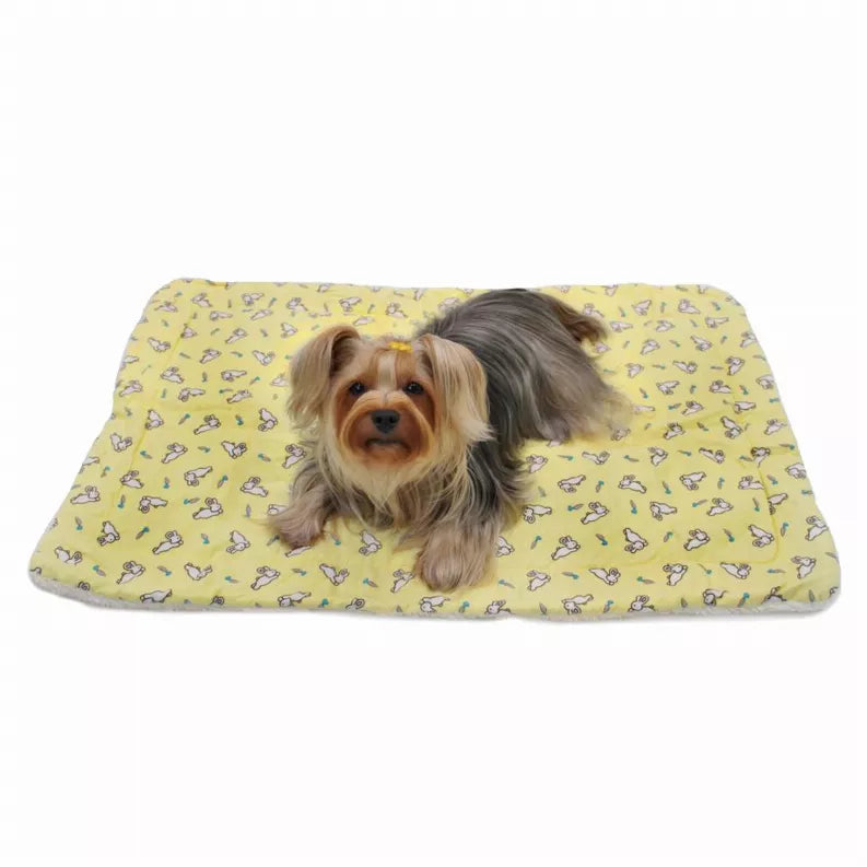 Yellow hopping bunny plush blanket, folded