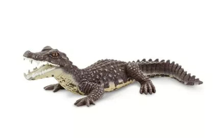 Caiman figurine with dark brown textured body, open mouth, and tail extended