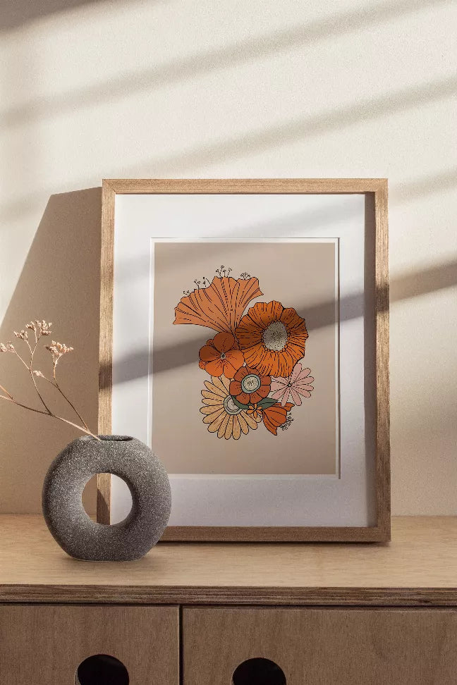 Framed 5x7 retro floral print with orange and tan flowers, wood-toned frame