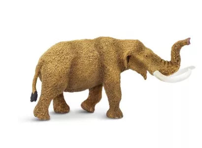 American mastodon figurine, standing tan-brown animal with curved tusks and tail.