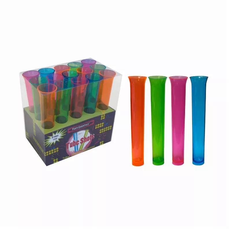 Multicolor neon shot tubes set with boxed display, 4 slender plastic cups