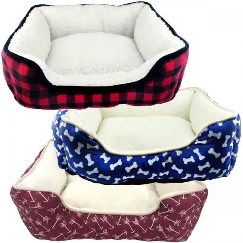 Set of 3 plush pet cuddler beds: red plaid, blue bone print, maroon geometric.