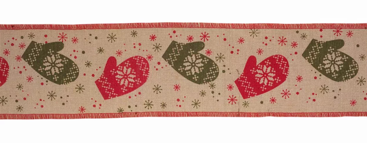 Wired jute-cotton ribbon with green and red holiday ornament pattern