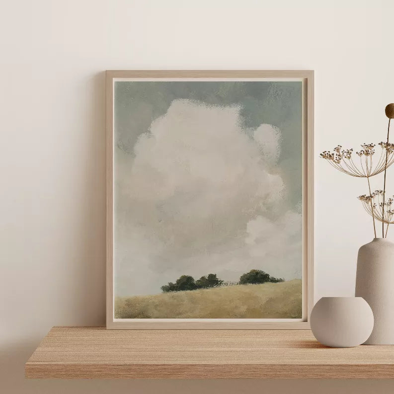 Wood framed landscape print, 5x7, cloudy sky over rolling grass and trees