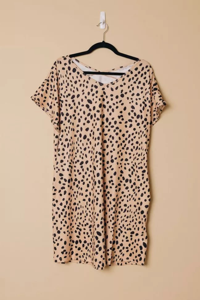 Khaki mini dress back with leopard-dot print, short sleeves, scoop back