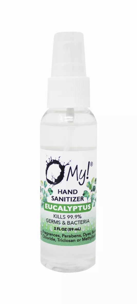 Hand sanitizer spray bottle front view, O My! eucalyptus label and clear liquid