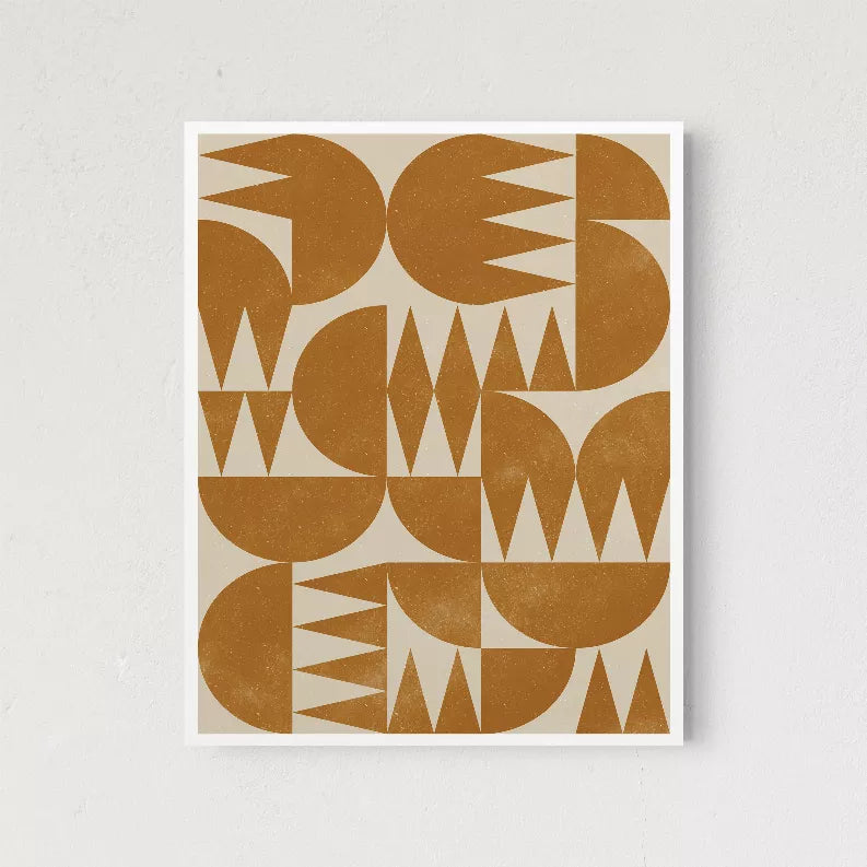 Square framed woodblock-style print featuring interlocking brown and cream geometric blocks